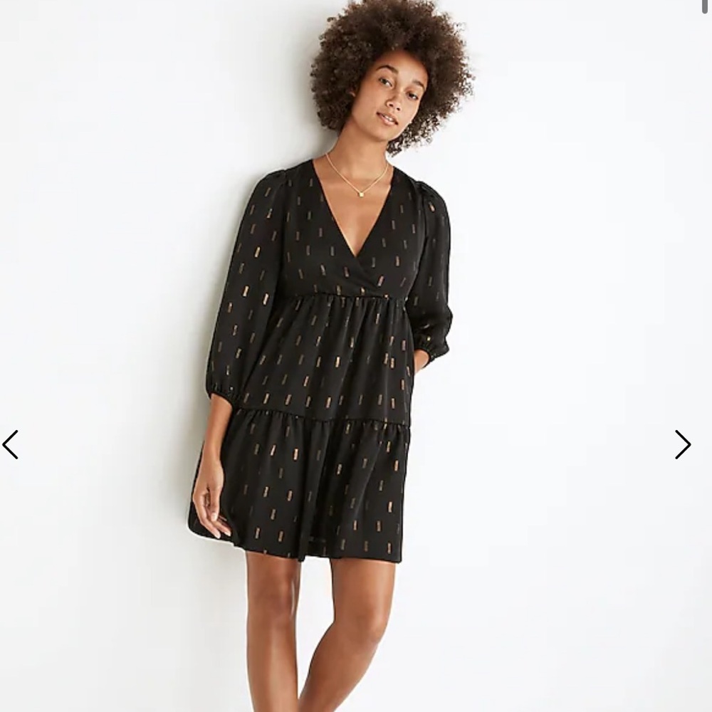 Madewell Metallic Jacquard Faux-Wrap Tiered Mini Dress Black Size Medium